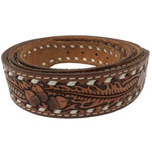 Vintage‎ Brown Hand Tooled Leather Belt 58, Brushy Leaf, no Buckle [5511X] USA